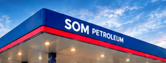 Modern fuel station with a broad canopy and service forecourt